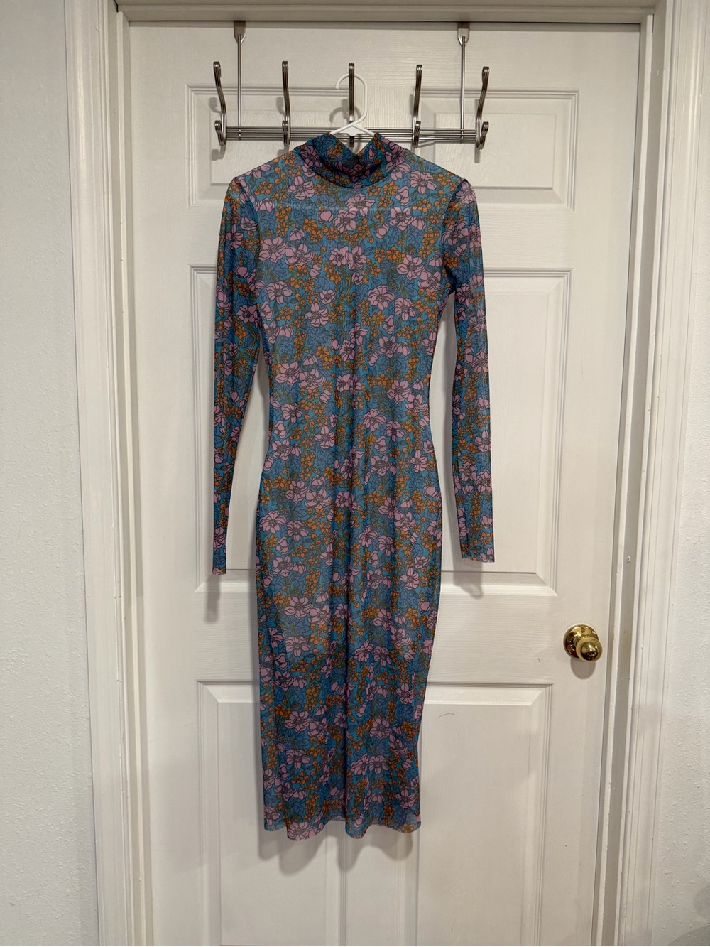 Long Sleeve Floral Midi Dress in Blue and Pink